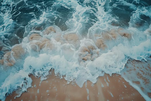 A mesmerizing aerial view of energetic waves crashing onto a picturesque sandy beach, creating a dynamic and rhythmic display of natures power.