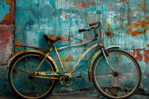 An old, weathered bicycle leans against a vibrant blue wall, showcasing the passage of time and neglect in a serene urban setting.