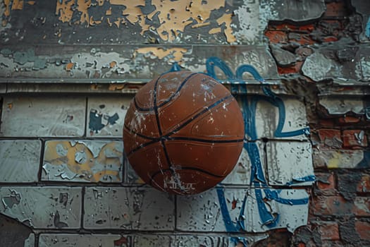 A basketball hanging on a weathered brick wall, symbolizing perseverance and determination in the face of obstacles.
