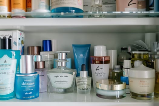 A vibrant and organized display of various skincare products on a bright shelf, including creams, serums, masks, and lotions.