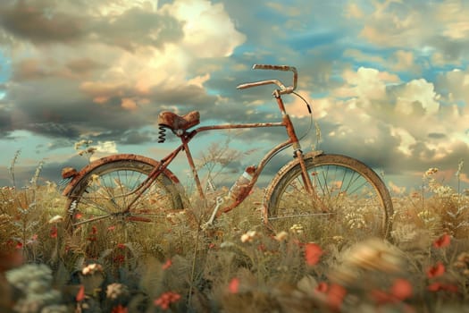 An old rusty bicycle stands in a vibrant field of flowers, embodying a sense of nostalgia and tranquility amidst the colorful blooms.
