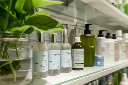 A vibrant and organized shelf brimming with a diverse array of luxurious skincare products, promising to pamper and rejuvenate skin.