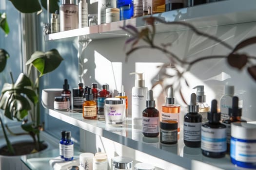 A brightly lit shelf filled with a diverse selection of skincare products ranging from serums to moisturizers.