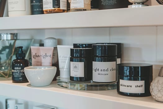 A vibrant, organized shelf brimming with a diverse assortment of skincare products, from serums and creams to masks and toners.