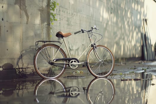 A stylish bicycle is parked against the side of a building, blending urban design with practical transportation solutions.