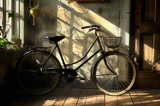 A lone bicycle is parked in front of a weathered door, symbolizing a journey paused or memories left behind.