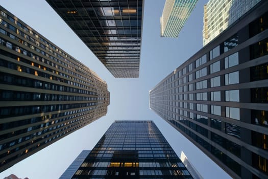 A view from below as tall buildings dominate the cityscape, showcasing modern architecture and urban design.