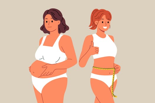 Slender woman fitness trainer stands near client suffering from obesity and shows thumbs up, promising quick weight loss. Female fitness trainer with measuring tape in hands, proud of achieved result