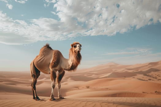 Single-humped camel in sand dunes in the desert. AI Generated.