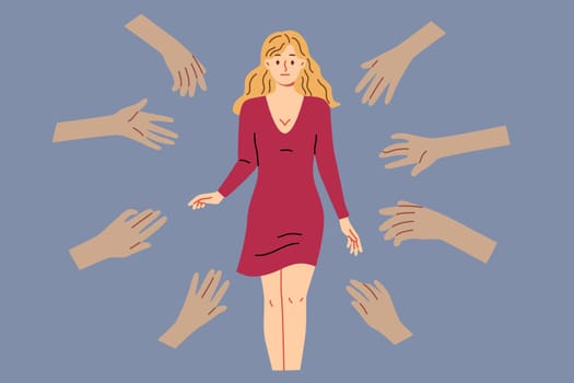 Hands of admirers reach out to woman idol, tired of attention of fans and lack of personal space. Girl idol in red dress feels discomfort due to sudden popularity caused by filming popular tv series.