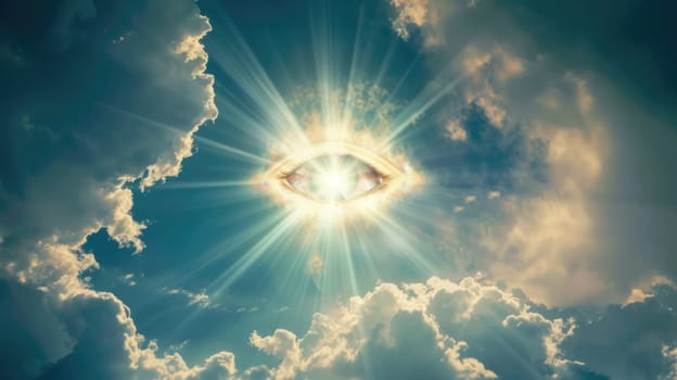Eye of Providence in the blue sky. All-seeing God's eye. AI Generated.