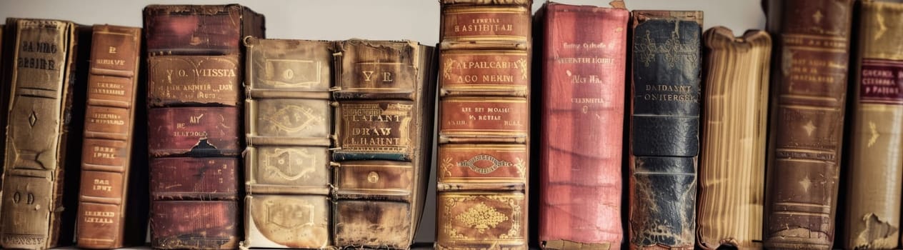 Antique old books on the shelf against white wall. Vintage literature. AI Generated.