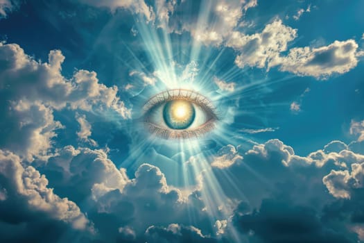 Eye of Providence in the blue sky. All-seeing God's eye. AI Generated.