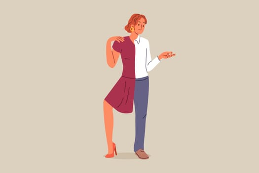 Human with absence of gender stereotypes, strives for self-expression and wears men and women clothing. Non-binary LGBTq person calls for erasing gender stereotypes to avoid discrimination