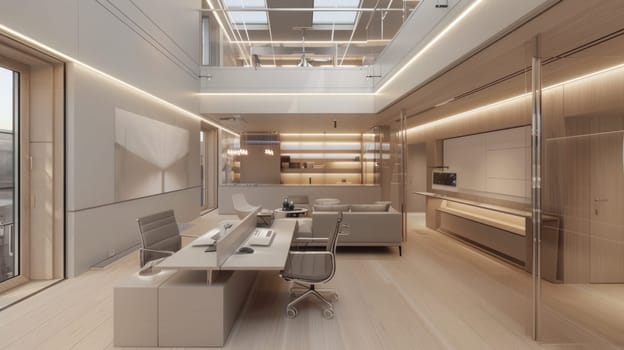 Spacious modern double-deck office studio interior. AI Generated.