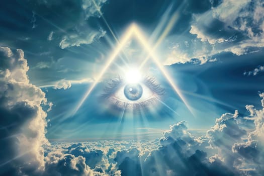 Eye of Providence in the blue sky. All-seeing God's eye. AI Generated.
