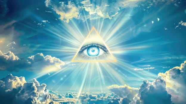 Eye of Providence in the blue sky. All-seeing God's eye. AI Generated.