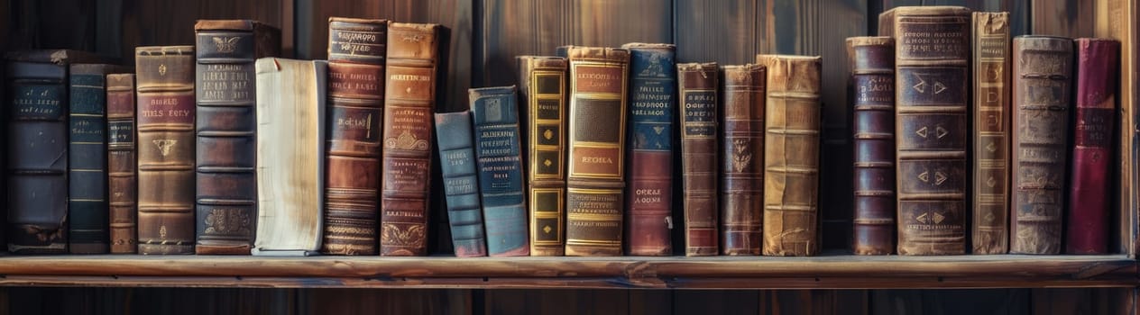 Vintage literature. Antique old books on wooden shelf. AI Generated.