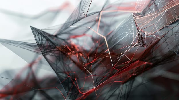 Delve into the enigmatic realm of abstract artistry with an image portraying a mesmerizing convergence of point cloud mesh transitioning seamlessly into intricate components, adorned with lines and triangles, bathed in a striking palette of red and grey hues, presented in portrait orientation.