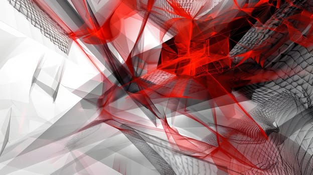 Delve into the enigmatic realm of abstract artistry with an image portraying a mesmerizing convergence of point cloud mesh transitioning seamlessly into intricate components, adorned with lines and triangles, bathed in a striking palette of red and grey hues, presented in portrait orientation.