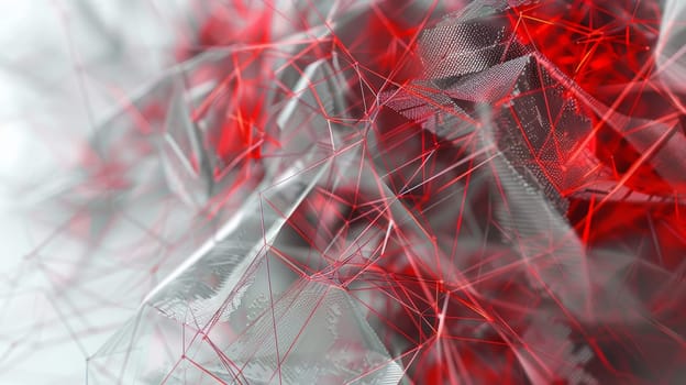 Delve into the enigmatic realm of abstract artistry with an image portraying a mesmerizing convergence of point cloud mesh transitioning seamlessly into intricate components, adorned with lines and triangles, bathed in a striking palette of red and grey hues, presented in portrait orientation.