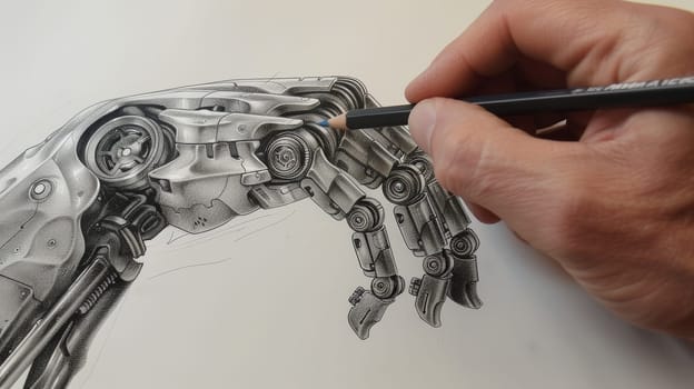 Explore the intricate bond between humanity and technology as depicted by the gentle touch of a human finger meeting the metallic finger of a robot, captured in a mesmerizing sketch created with an art pencil.