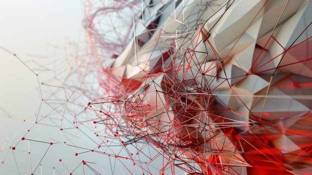 Delve into the enigmatic realm of abstract artistry with an image portraying a mesmerizing convergence of point cloud mesh transitioning seamlessly into intricate components, adorned with lines and triangles, bathed in a striking palette of red and grey hues, presented in portrait orientation.