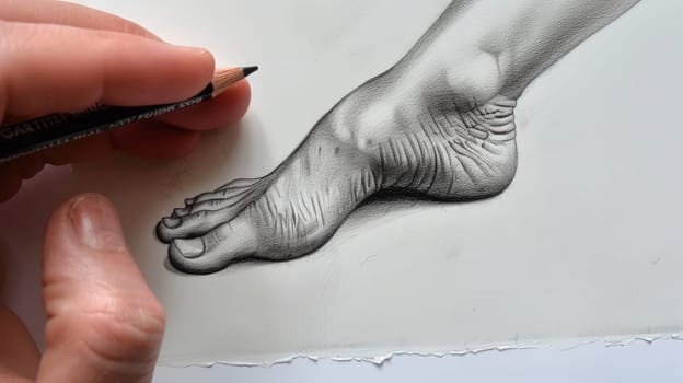 Delve into the intricacies of femininity with a captivating sketch portraying the graceful contours of a woman's foot, meticulously crafted with an art pencil, capturing the essence of elegance and poise.