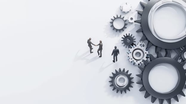 Witness the essence of teamwork and collaboration depicted in a minimalist background where business people join gears, symbolizing unity, cooperation, and synchronized effort towards a common goal.