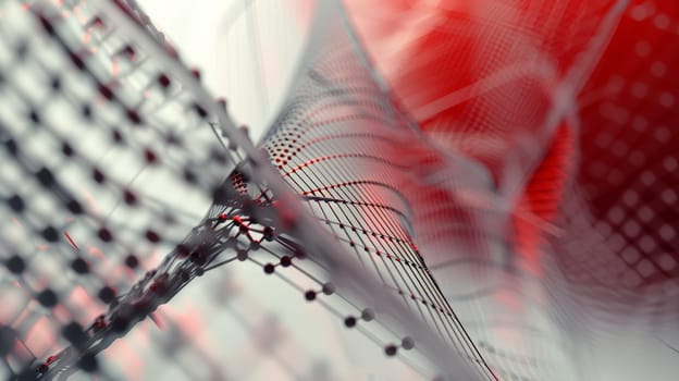Delve into the enigmatic realm of abstract artistry with an image portraying a mesmerizing convergence of point cloud mesh transitioning seamlessly into intricate components, adorned with lines and triangles, bathed in a striking palette of red and grey hues, presented in portrait orientation.