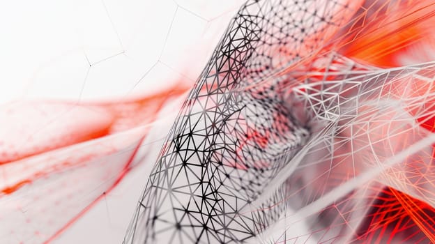 Delve into the enigmatic realm of abstract artistry with an image portraying a mesmerizing convergence of point cloud mesh transitioning seamlessly into intricate components, adorned with lines and triangles, bathed in a striking palette of red and grey hues, presented in portrait orientation.