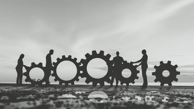 Witness the essence of teamwork and collaboration depicted in a minimalist background where business people join gears, symbolizing unity, cooperation, and synchronized effort towards a common goal.