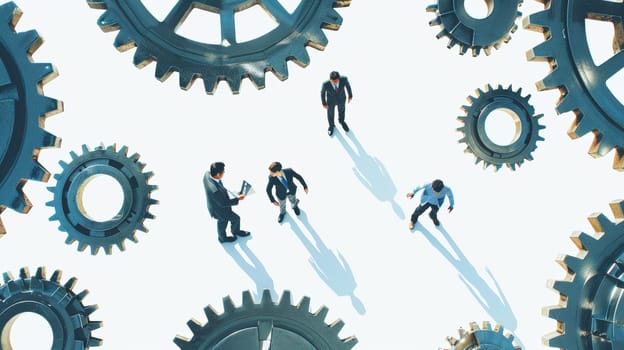Witness the essence of teamwork and collaboration depicted in a minimalist background where business people join gears, symbolizing unity, cooperation, and synchronized effort towards a common goal.