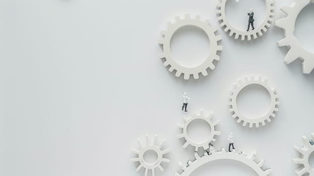 Witness the essence of teamwork and collaboration depicted in a minimalist background where business people join gears, symbolizing unity, cooperation, and synchronized effort towards a common goal.
