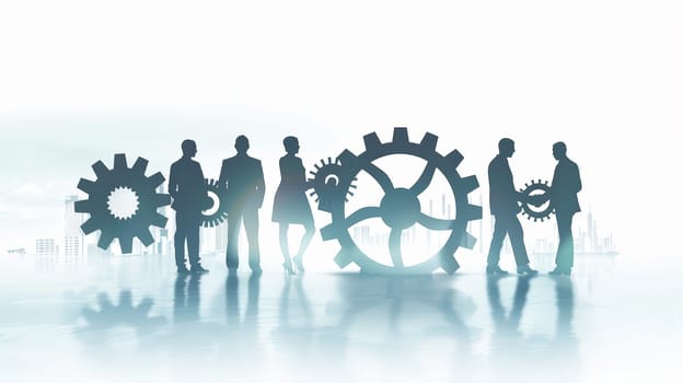 Witness the essence of teamwork and collaboration depicted in a minimalist background where business people join gears, symbolizing unity, cooperation, and synchronized effort towards a common goal.