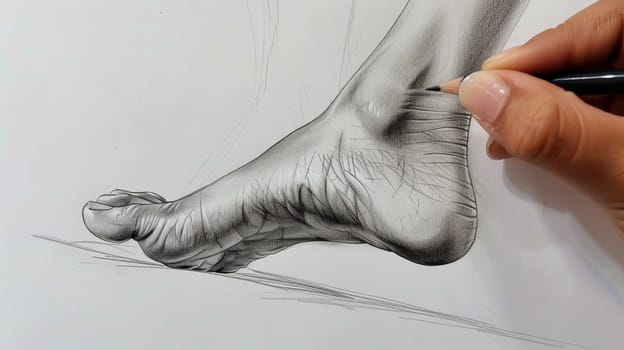 Delve into the intricacies of femininity with a captivating sketch portraying the graceful contours of a woman's foot, meticulously crafted with an art pencil, capturing the essence of elegance and poise.