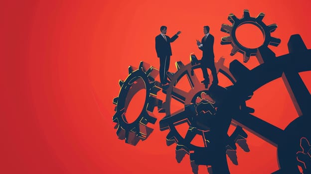 Witness the essence of teamwork and collaboration depicted in a minimalist background where business people join gears, symbolizing unity, cooperation, and synchronized effort towards a common goal.
