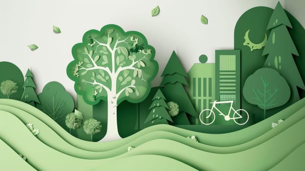 Delve into the intricately crafted papercut-style depiction of an egosystem, where the symbiotic relationship between nature and urban elements is vividly portrayed. Amidst a backdrop of lush greenery, a tree stands tall, intertwining with modern buildings and a bicycle, symbolizing sustainable living. This vector graphic encapsulates the essence of coexistence and environmental harmony.