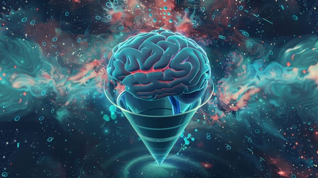 Explore the intricate interplay of emotions and thoughts depicted in this captivating image, where a brain seamlessly merges with a funnel, symbolizing the complex pathways of our psyche.