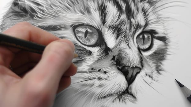 Capture the charm and grace of a cat with this meticulously crafted pencil drawing, showcasing the intricate details of whiskers, fur, and feline features.
