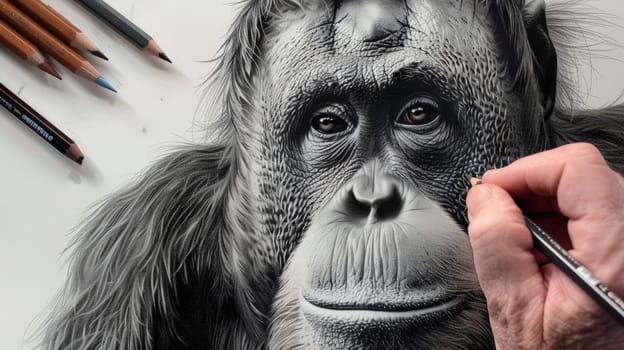 A striking rendition of an orangutan, meticulously sketched with an art pencil, capturing its majestic presence and gentle demeanor.