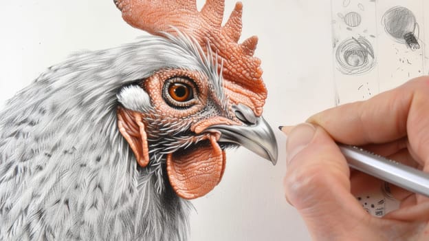 An exquisite rendition of a chicken, delicately drawn with an art pencil, capturing its charm and tranquility.
