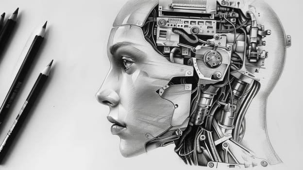 Dive into the realm of artificial intelligence through this captivating sketch meticulously crafted with an art pencil. Witness the fusion of human creativity and technological innovation in visual form.