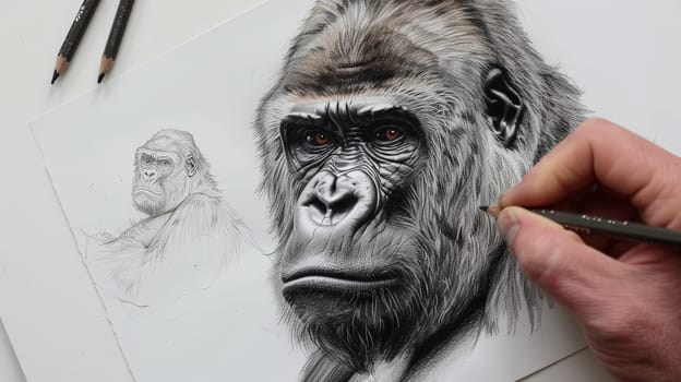 This stunning artwork depicts a powerful gorilla, meticulously drawn with an art pencil, capturing the essence of its strength and dignity.