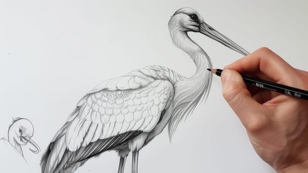Capture the elegance of nature with a hand-drawn sketch of a stork, highlighting its slender form and majestic presence.