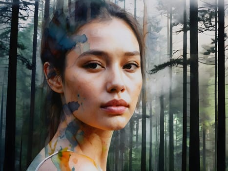 Abstract art of woman with nature double exposure