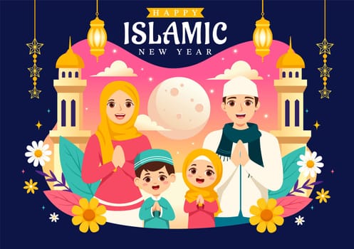 Happy Muharram Vector Illustration of Celebrating Islamic New Year with Mosque, Moon and Lantern Concept in Flat Kids Cartoon Background