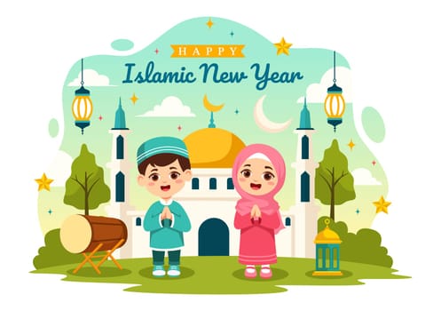 Happy Muharram Vector Illustration of Celebrating Islamic New Year with Mosque, Moon and Lantern Concept in Flat Kids Cartoon Background