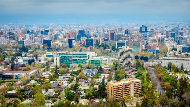 Beautiful view of Santiago skyline from Cerro San Cristobal park in the center of Santiago, Chile