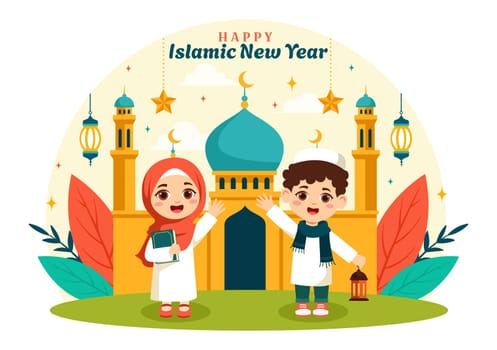 Happy Muharram Vector Illustration of Celebrating Islamic New Year with Mosque, Moon and Lantern Concept in Flat Kids Cartoon Background
